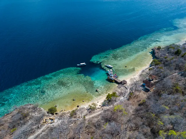 Aerial view of the reef edge and jetty at Menjangan Island